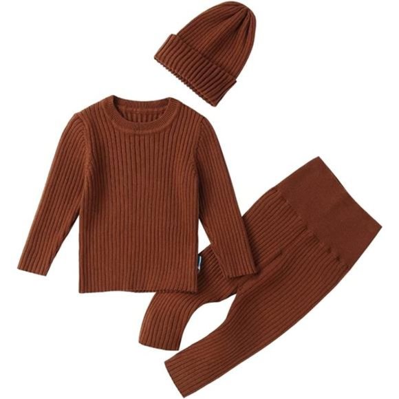Baby Boys Girls Sweater Set Ribbed Elastic Knit Solid Tops High Waist Pants Hat